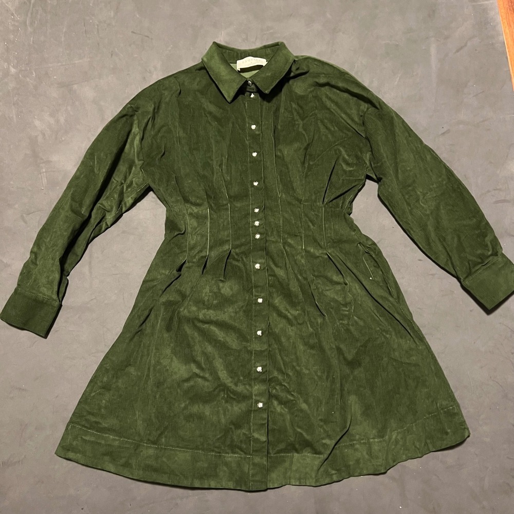 Anthropologie Exquise Tobie Long Sleeve Corduroy Mini Shirt Dress Green Medium